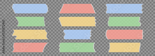 Colored adhesive tapes collection. Torn duct tape pieces set. strip. Plastic scotch stripes with torn jagged edges. Sticky masking paper for package wrap, blank tag, label, sticker, decoration. Vector