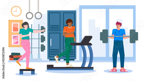 People exercising happily in a gym; perfect for fitness brochures, websites, and social media posts. Illustration.