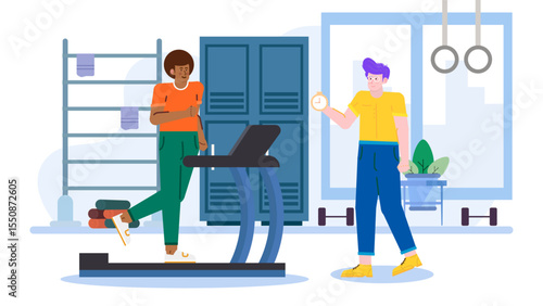 Gym scene featuring individual on a treadmill. Ideal for fitness websites, brochures, social media posts, and health related articles.