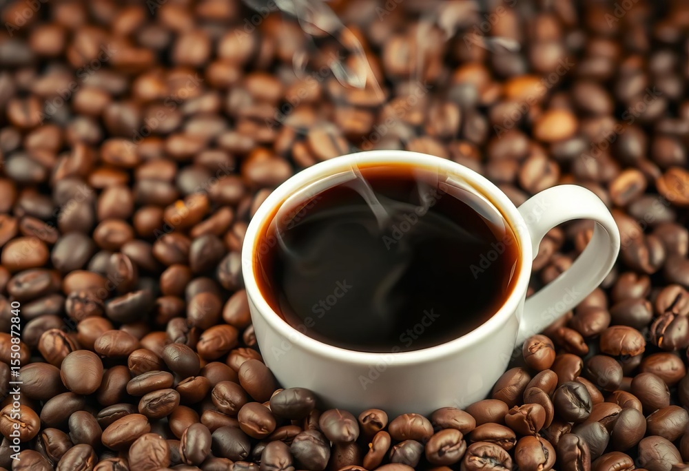 Fototapeta premium Steaming cup of black coffee nestled amongst roasted beans, coffee shop, caffeinated
