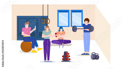 People exercising in a gym, perfect for fitness, healthy lifestyle, gym facilities, workout routines, exercise motivation, active lifestyle visuals.
