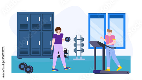 Gym illustration of men exercising with weights and treadmill. Suitable for fitness websites, workout programs, gym advertisements, and health magazines.
