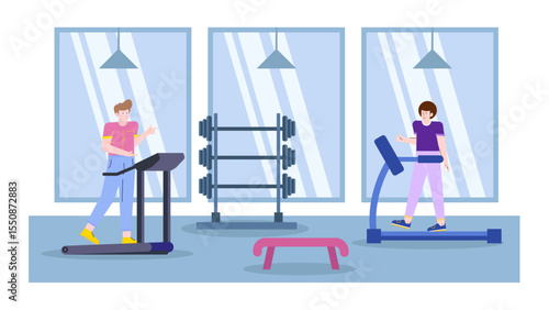 Title Two people exercising on treadmills in a gym. Suitable for promoting fitness, gym memberships, healthy lifestyle, and exercise equipment in marketing materials.