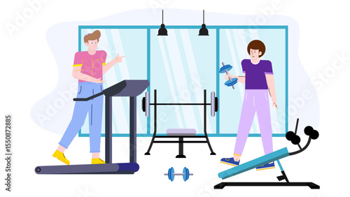 Gym with two men exercising on equipment. Suitable for fitness magazines, gym advertisements, health blogs, workout posters, and wellness websites.