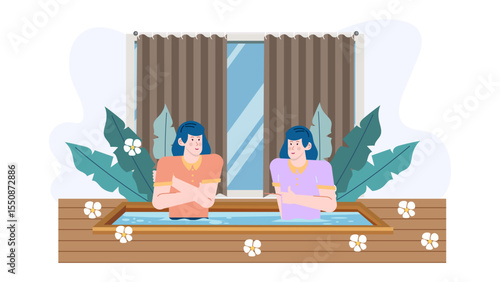 Two women enjoying a relaxing moment in a wooden hot tub near a window. Spa, relaxation, wellness, lifestyle, vacation, retreat.