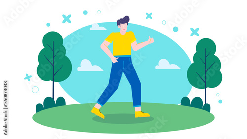 Happy man walks in a park giving a thumbs up ideal for lifestyle blogs, social media posts, mental health websites, positive marketing campaigns.