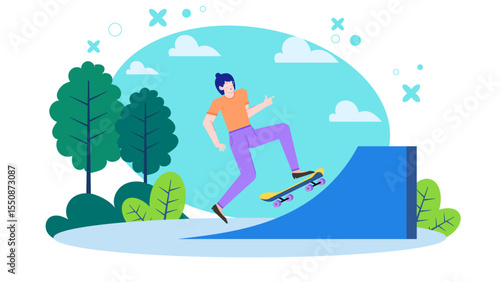 Girl skateboarding ramp outdoors, suitable for promoting extreme sports, youth culture, and active lifestyles in various media platforms.