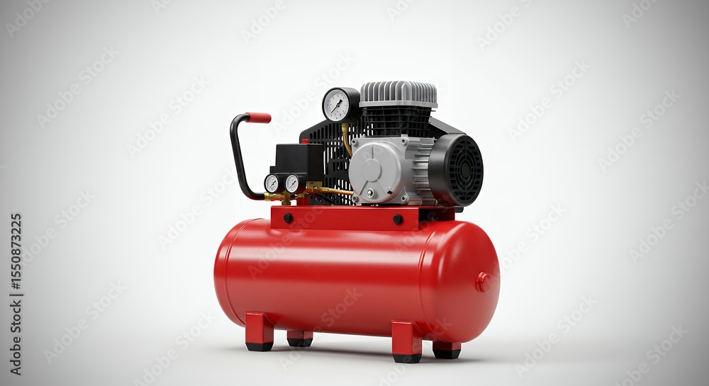 Fototapeta premium Red air compressor on gray background