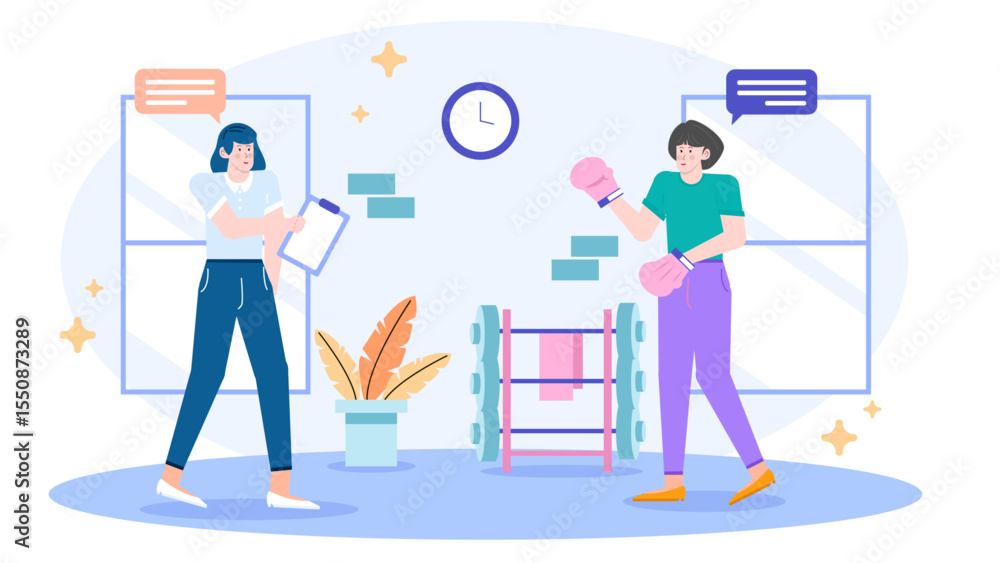 Obraz premium Two women discuss fitness goals near gym equipment. Suitable for fitness blogs, healthy lifestyle articles, gym advertisements, and personal training promotions.