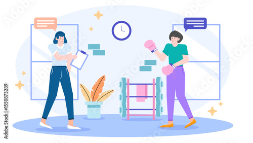 Two women discuss fitness goals near gym equipment. Suitable for fitness blogs, healthy lifestyle articles, gym advertisements, and personal training promotions.