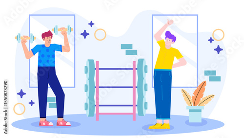 Two men working out in a gym, lifting weights and doing sit-ups, suitable for fitness blogs and gym advertisements.