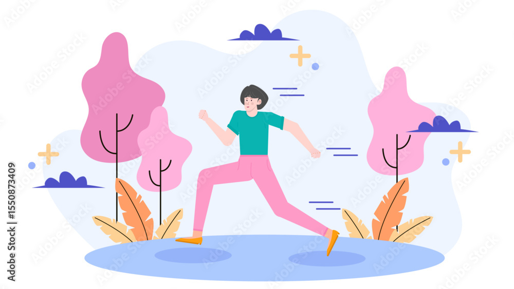 Woman joyful jogging in a stylized park setting. Ideal for wellness, outdoor activity, fitness, mental health, and lifestyle themed designs. Woman joyful jogging in a stylized park setting. Ideal for wellness, outdoor activity, fitness, mental health, and lifestyle themed designs.