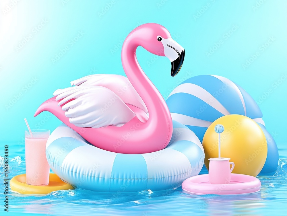 Fototapeta premium Pink flamingo pool float with accessories
