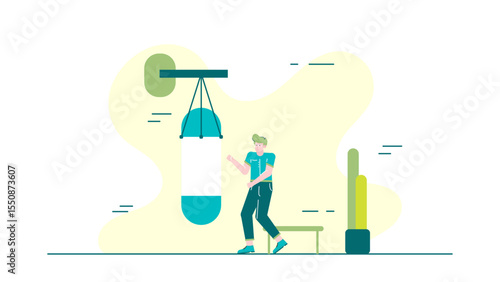 Man by punching bag in a minimalist gym. Suitable for fitness blogs, gym advertisements, martial arts publications, and wellness websites.