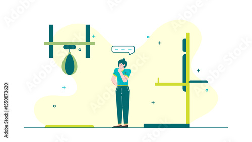 Pensive woman in gym, examining punching bag and equipment. Suitable for fitness, gym or contemplation concept in commercial projects.