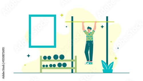 Man doing pullups in a basic gym, perfect for fitness or exercise concept designs. Illustration for health and fitness inspirations.