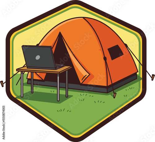 Orange camping tent with laptop on table in hexagonal badge outdoor gear illustration 