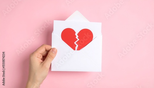 A hand holding a white envelope with a red broken heart on pink background