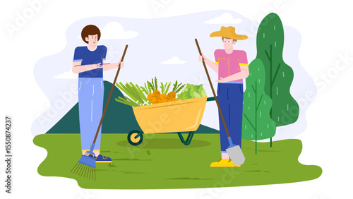 Two happy gardeners harvest vegetables in a wheelbarrow. Perfect for organic farming, gardening, harvest, teamwork, agriculture, sustainable living concepts.