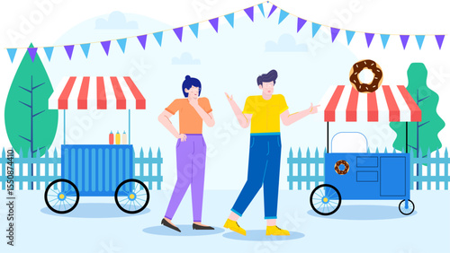 Two people at a festive donut cart, enjoying sweet treats at a fair or carnival. Suitable for food vendors or festive event promotions.