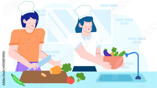 Two chefs chop vegetables in a busy kitchen setting. Suitable for cooking blogs, culinary websites, and restaurant marketing materials.