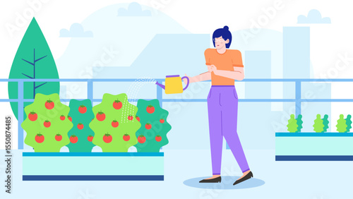 Woman waters tomato plants on a rooftop garden. Gardening, urban farming, sustainable living, vegetable growing, urban agriculture, rooftop gardening, self-sufficiency, fresh produce, outdoors.