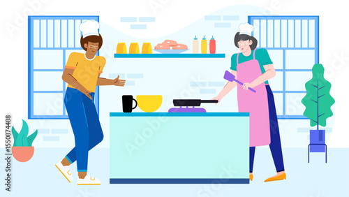 Two chefs joyfully cook together in a busy kitchen, ideal for culinary blog, restaurant promotions, cooking classes, food magazines.