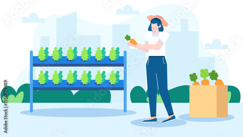 Woman harvests carrots in a hydroponic farm setting with green lettuce in the background. Suitable for agriculture, farming, and sustainable living concepts.