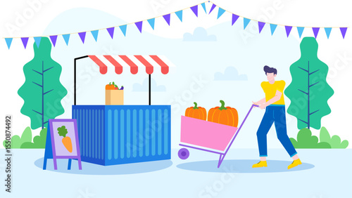 Person transporting pumpkins in a festive market. Perfect for fall themed designs, Thanksgiving promotions, autumn concepts, seasonal advertisements, and farm related content.