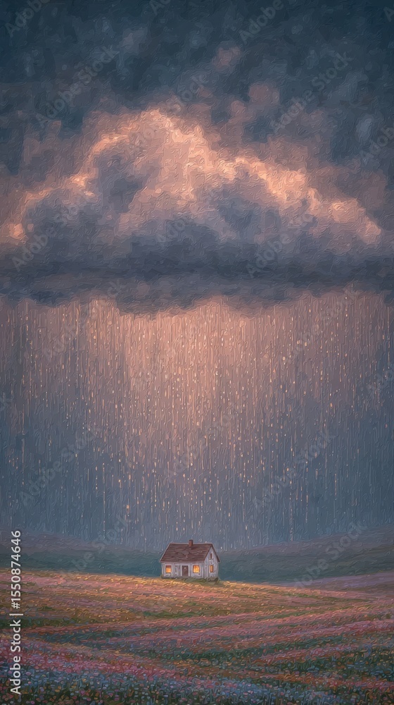 Fototapeta premium Lonely Raincloud Above a Colorful House in the Sun