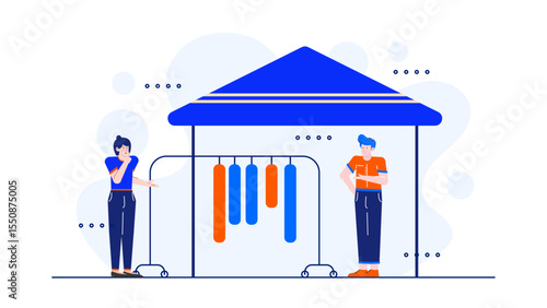 Clothing market scene with two shoppers browsing items under a blue canopy. Suitable for lifestyle blogs, retail promotions, and marketing materials.