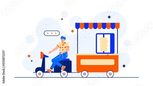Man drives scooter towing cotton candy cart. Perfect for food business promotion, street food vendors, and summertime events marketing materials.