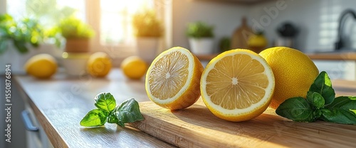 Fresh lemons on wooden board with basil leaves in a bright kitchen setting
