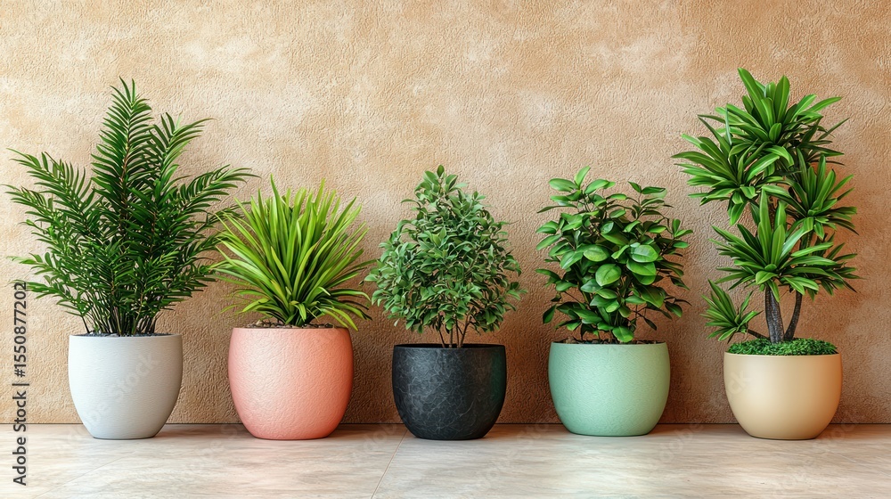 Fototapeta premium Four potted plants against a light beige wall