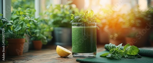 Freshly made green smoothie with lemon in a plant-filled home setting