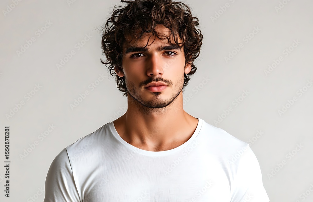 Fototapeta premium Young man mockup wearing plain white t shirt on gray background