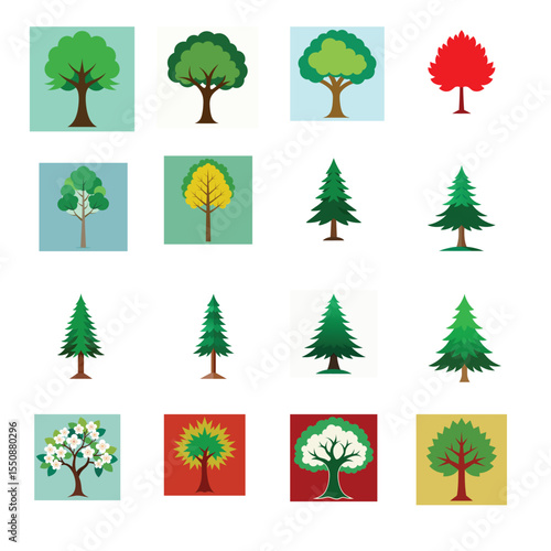 Christmas trees set 16 icon, 16 icon set Template, Red Maple Tree, Loblolly Pine Tree, Sweetgum Tree, Quaking Aspen Tree, Flowering Dogwood and American Basswood Tree 