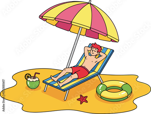  Relaxing Cartoon Man on a Beach Chair with Umbrella and Drink, Perfect for Summer and Vacation Illustrationsflat vector illustration