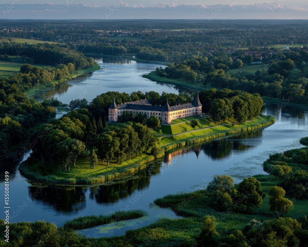Fototapeta premium Panoramic view of a castle on an island
