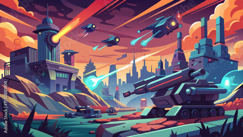 Futuristic war landscape with mech artillery launching guided missiles amid ruined buildings and neon sparks, vector scene