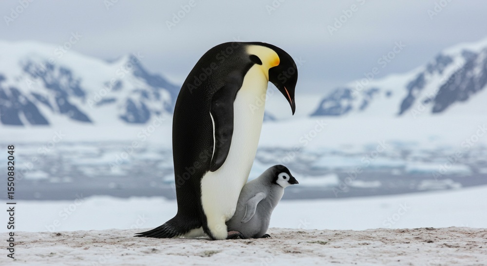 Obraz premium Penguin and chick on snowy landscape