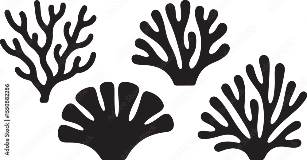 This image features four distinct coral silhouettes, showcasing various branching and organic shapes, against a white background. This image features four distinct coral silhouettes, showcasing various branching and organic shapes, against a white background.