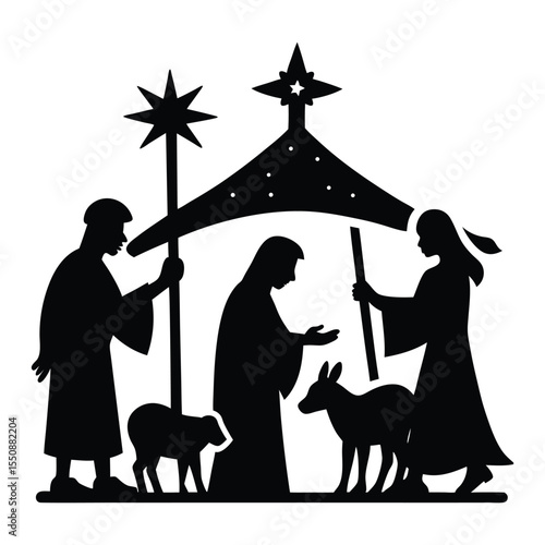 A peaceful nativity scene in silhouette, with Mary, Joseph, and baby Jesus under a star-lit stable, surrounded by animals and shepherds in quiet reverence.
