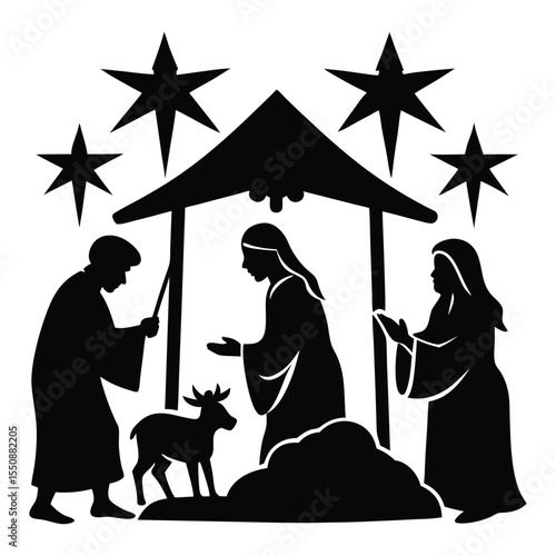 A peaceful nativity scene in silhouette, with Mary, Joseph, and baby Jesus under a star-lit stable, surrounded by animals and shepherds in quiet reverence.
