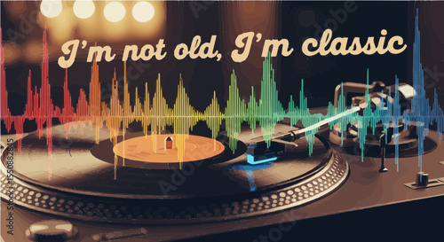 "I'm Not Old, I'm Classic" – Vintage Turntable with Audio Equalizer and Vinyl Record – Music and Retro Theme