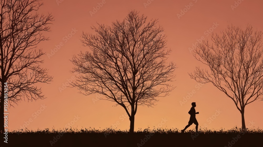 Silhouette of a runner at sunset amongst bare trees. Silhouette of a runner at sunset amongst bare trees.