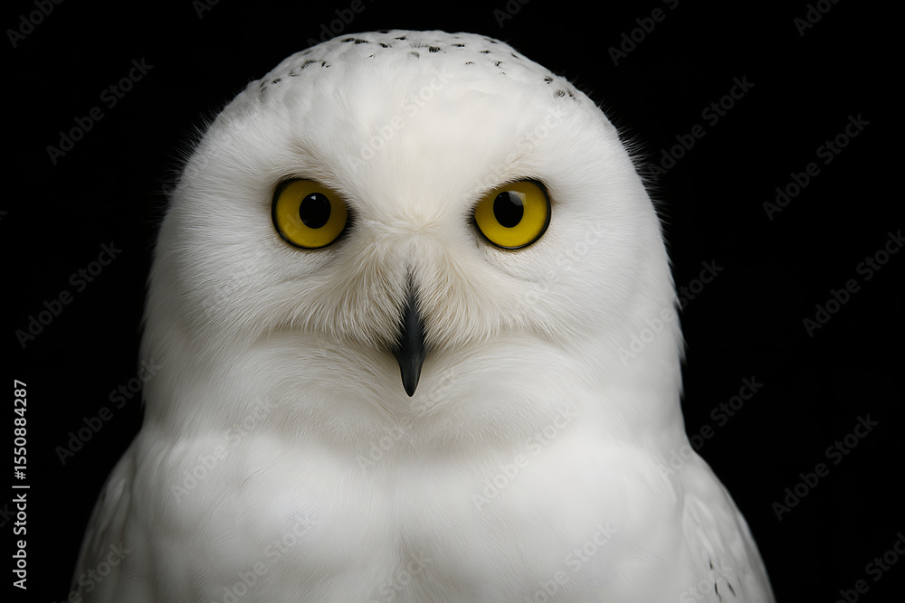 Obraz premium Close-up of a snowy owl’s white feathers and yellow eyes on black background