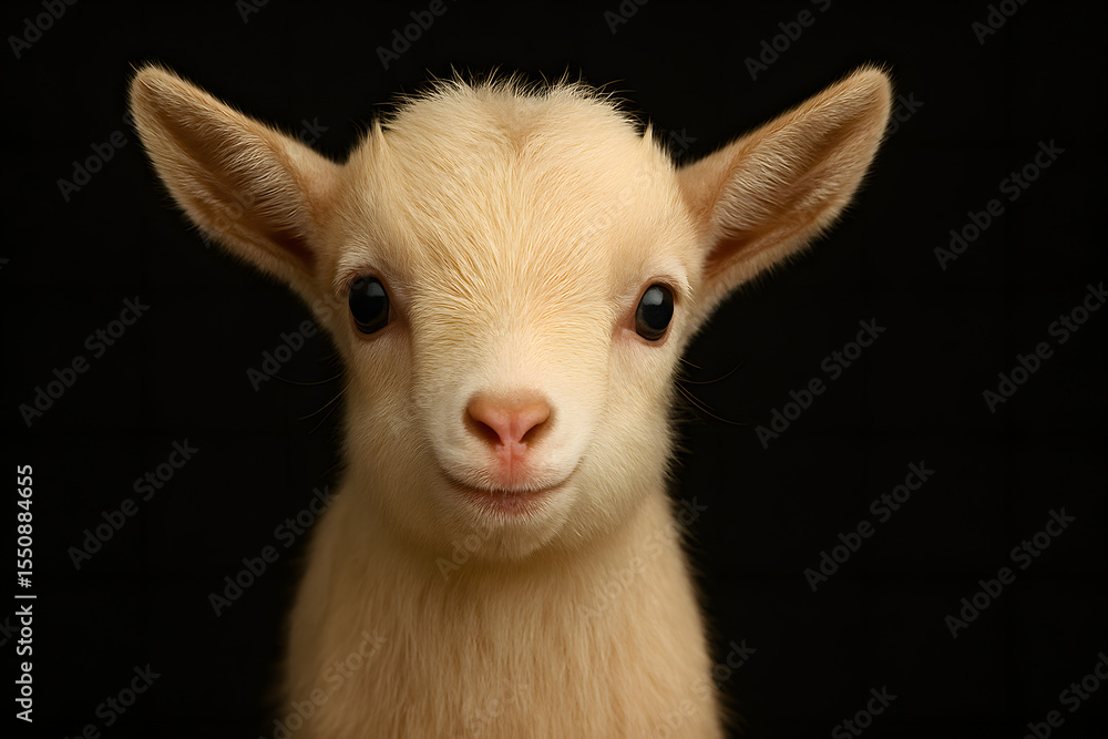 Fototapeta premium Close-up of a baby goat’s playful face with soft fur on black background