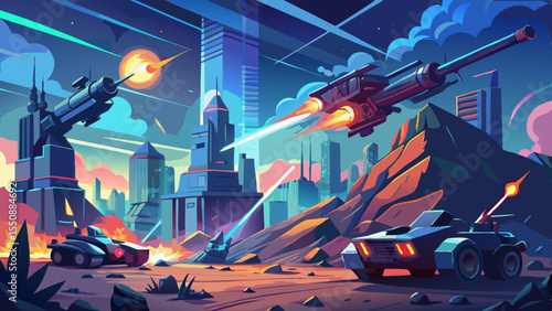 Futuristic war landscape with mech artillery launching guided missiles amid ruined buildings and neon sparks, vector scene