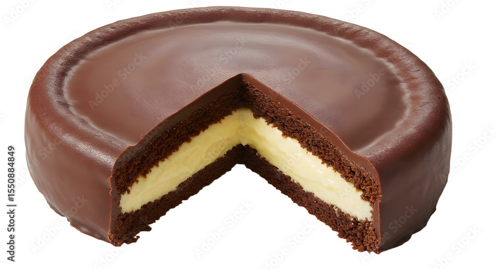 Obraz premium A delicious chocolate-coated cake with a creamy filling, beautifully sliced to reveal its layers, perfect for dessert lovers
